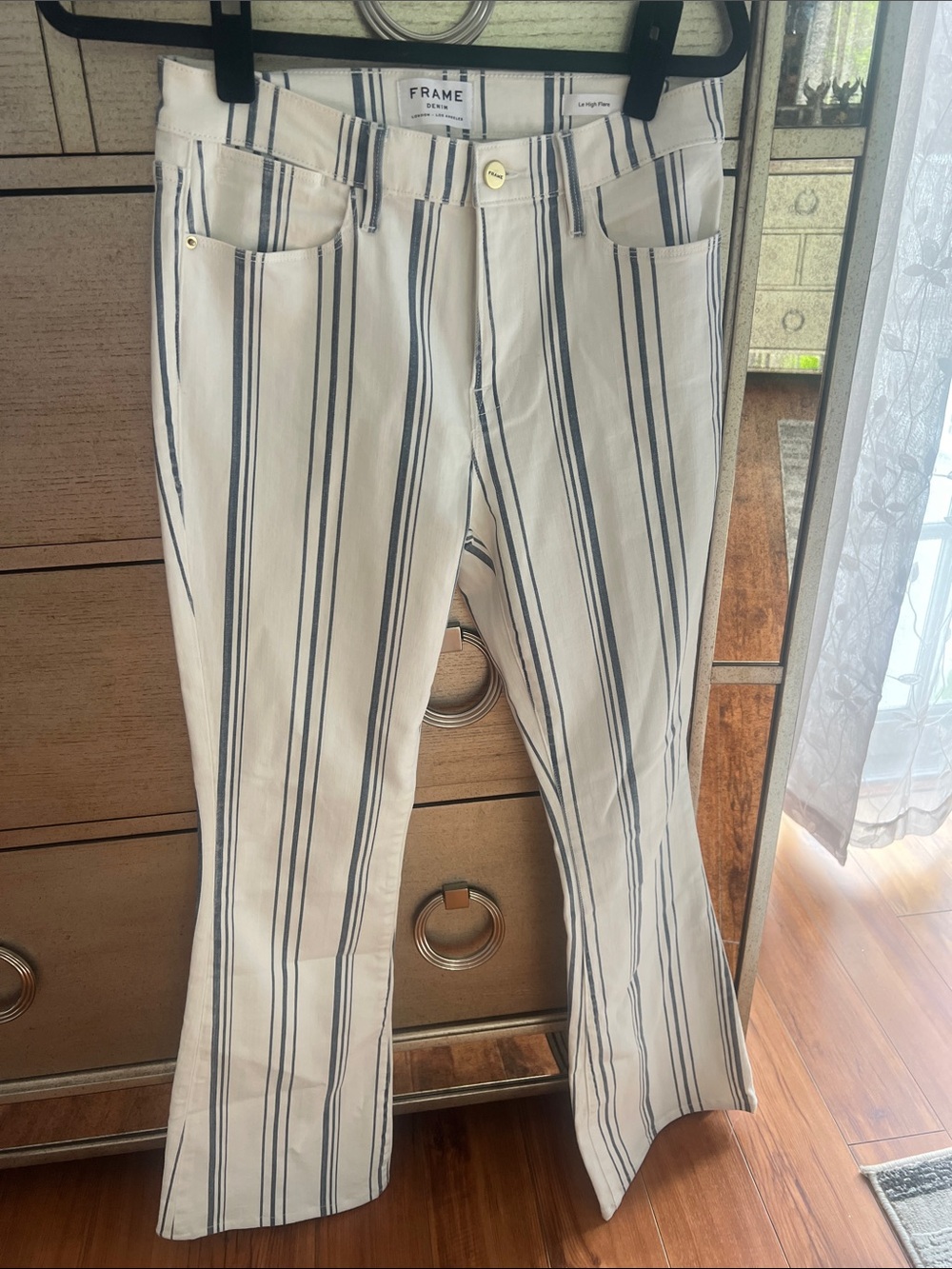 Frame Denim Cream and Navy Vertical-Striped Flare Jeans